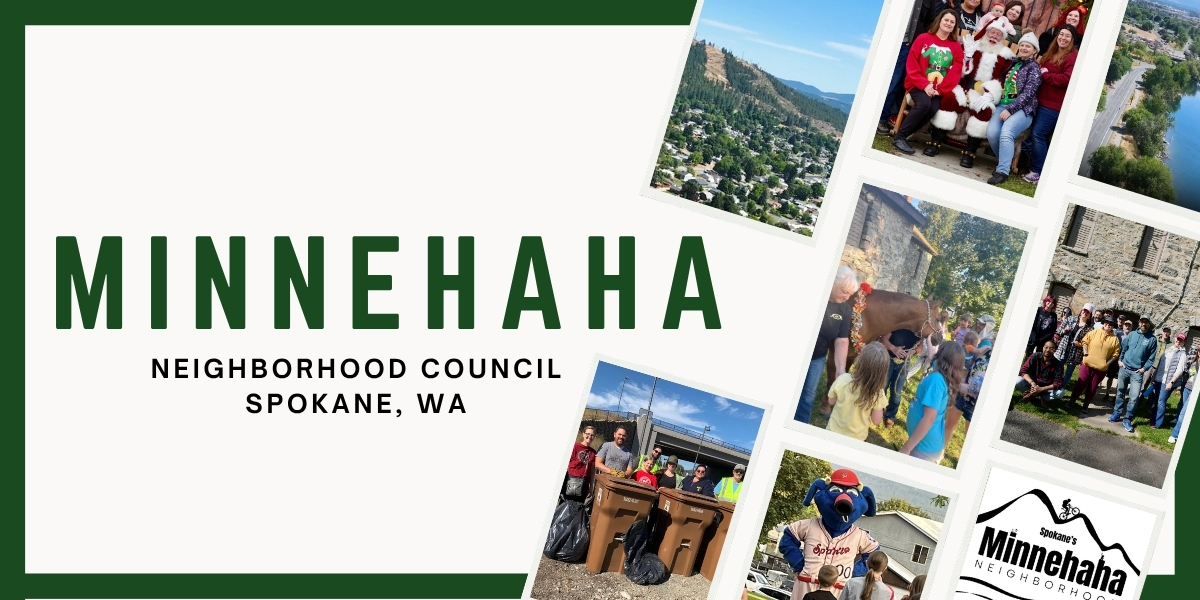 Cover photo that says Minnehaha Neighborhood Council, Spokane, WA. Includes a collage of photos from neighborhood events. with a green border.