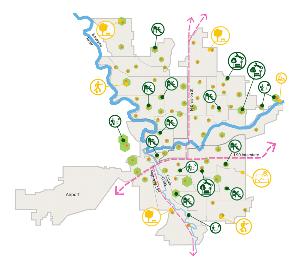 Map of the city of Spokane with areas marked for future restoration and building projects. Map is associated with projects identified through the Together Spokane Initiative.